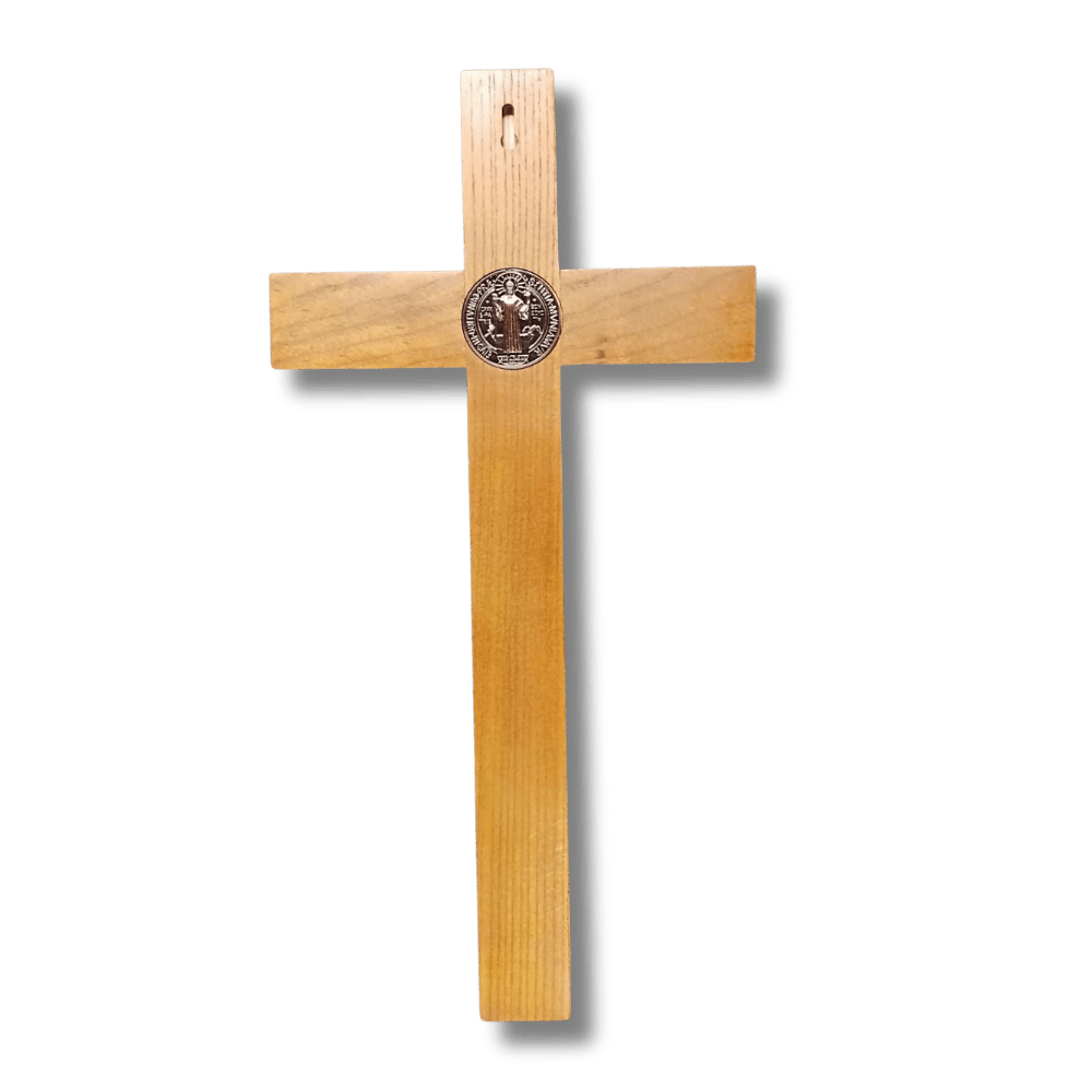 Crucifix - Wooden 40cm with Silver Finish & St Benedict Medal