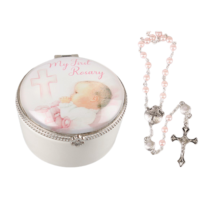 Porcelain Box with Rosary - Baby Girl