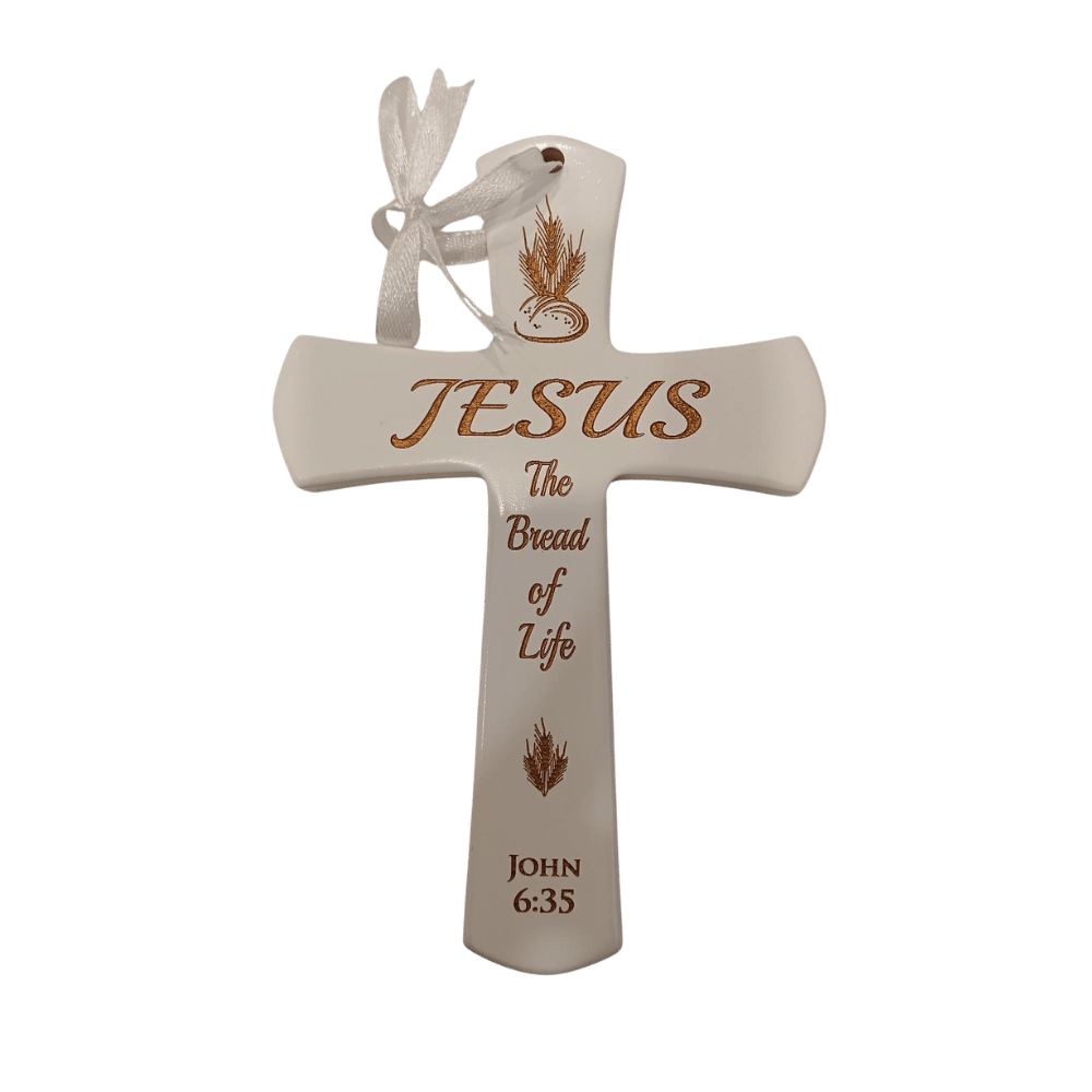 Wooden White Cross: Jesus The Bread of Life