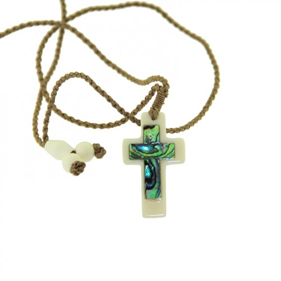 Bone & Paua Cross Necklace: 40mm on cord