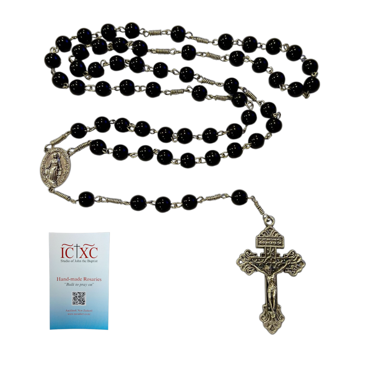 SJB Handmade Rosary - Black Glass Silver