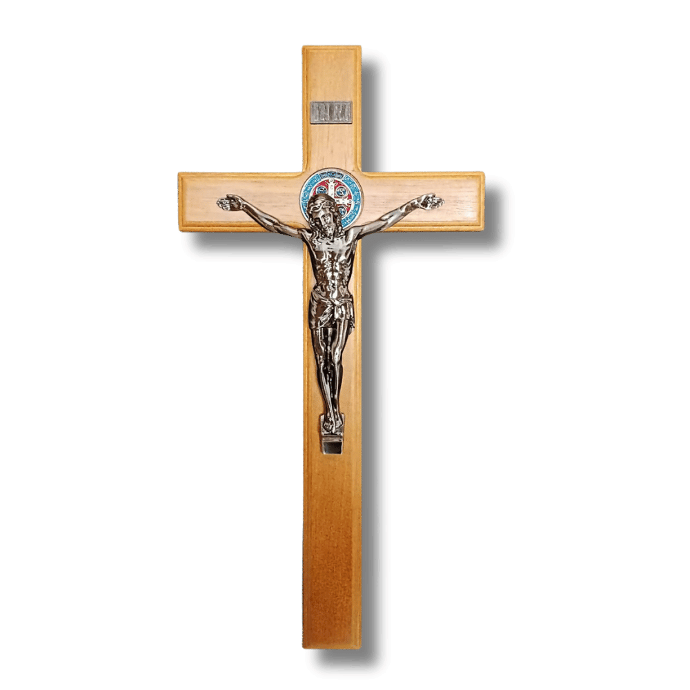 Crucifix - Wooden 40cm with Silver Finish & St Benedict Medal