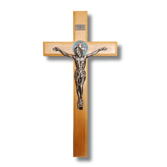 Crucifix - Wooden 40cm with Silver Finish & St Benedict Medal