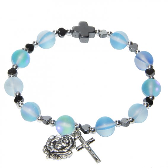 Our Lady of Lourdes Bracelet: Glass/Hematite Blue
