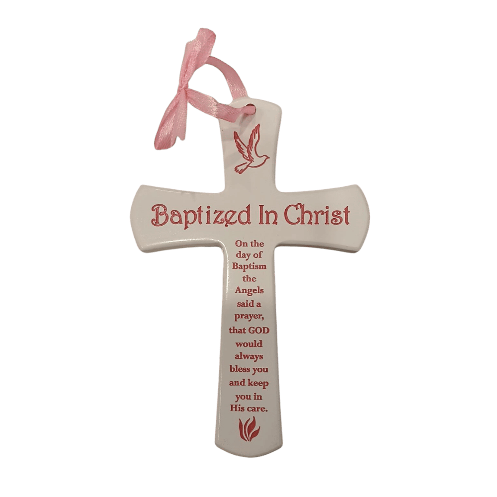 Wooden White Cross: Baptism - Pink