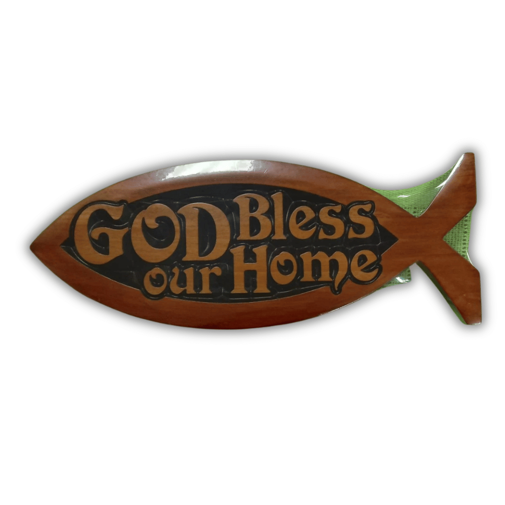 Mahogany Wood Wall Plaque: God bless Our Home - Fish