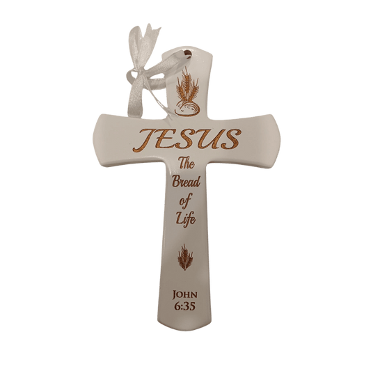 Wooden White Cross: Jesus The Bread of Life
