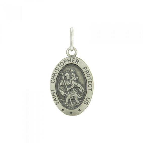 St Christopher Medal Oval (1.6cm): Oxidised Sterling Silver with Chain