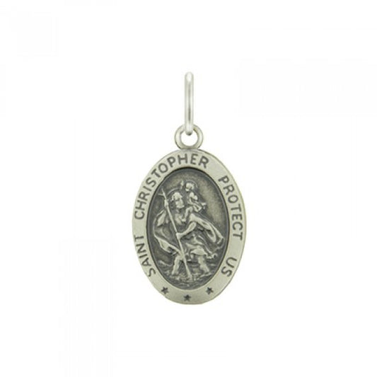 St Christopher Medal Oval (1.6cm): Oxidised Sterling Silver with Chain