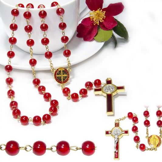 Rosary: St Benedict Red Glass Gold Plated