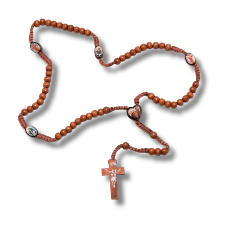 Wooden Rosary on Cord (Light Brown) with icons
