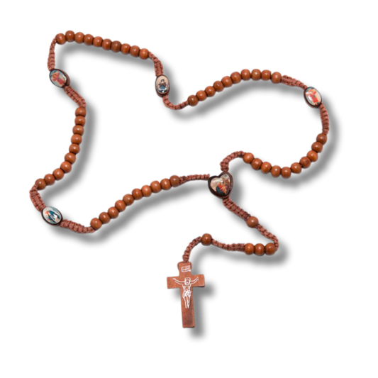 Wooden Rosary on Cord (Light Brown) with icons