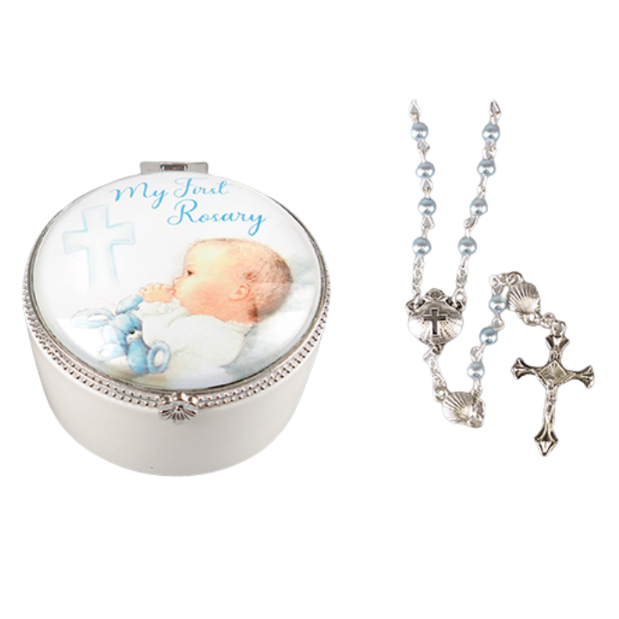 Porcelain Box with Rosary - Baby Boy