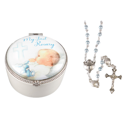 Porcelain Box with Rosary - Baby Boy