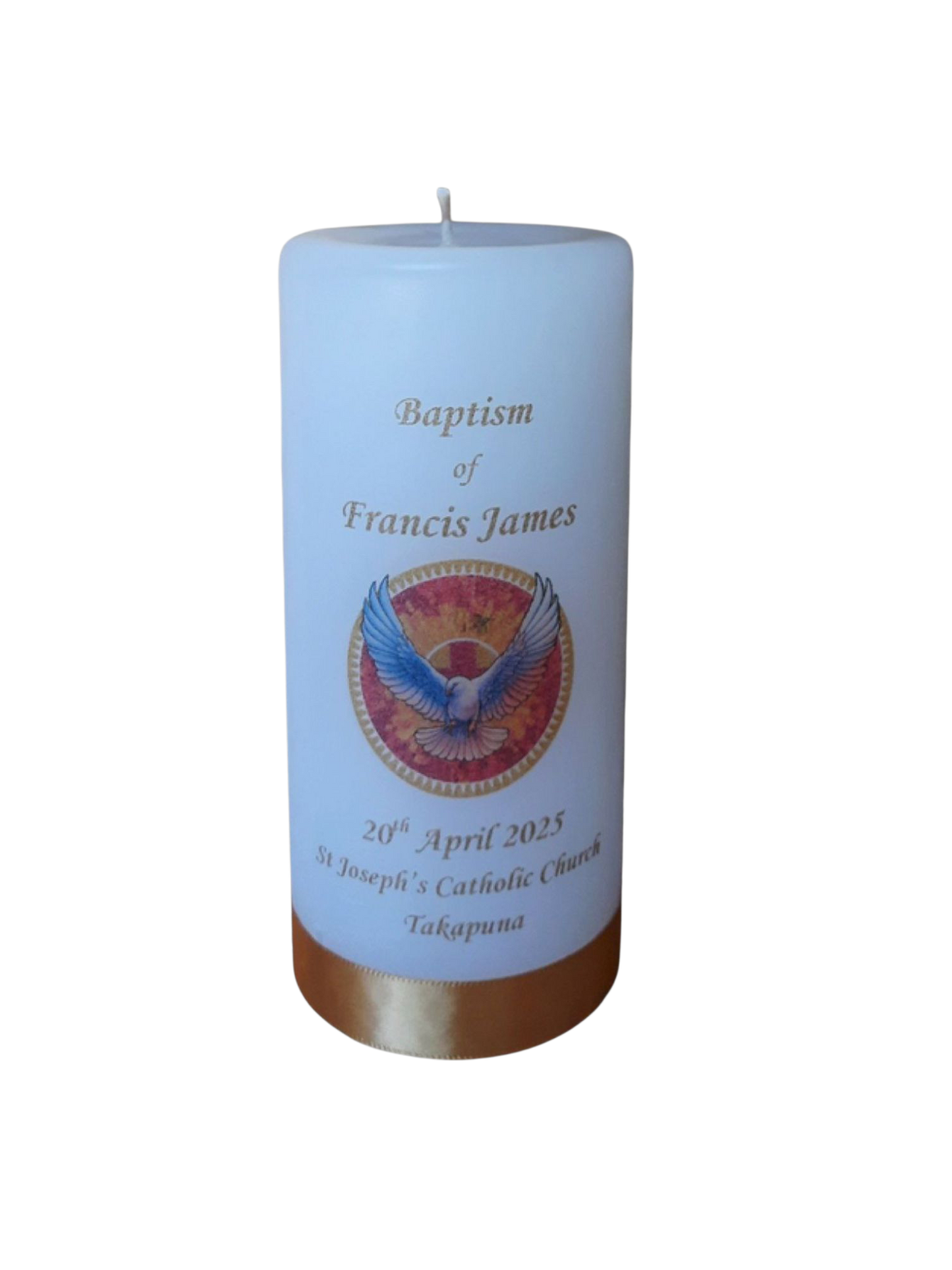 Baptism Candle 14cm: Gold Dove (Circle)