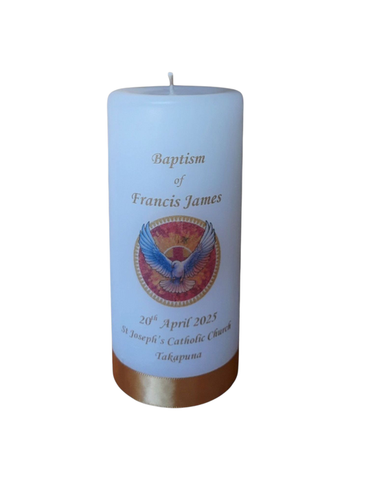Baptism Candle 14cm: Gold Dove (Circle)