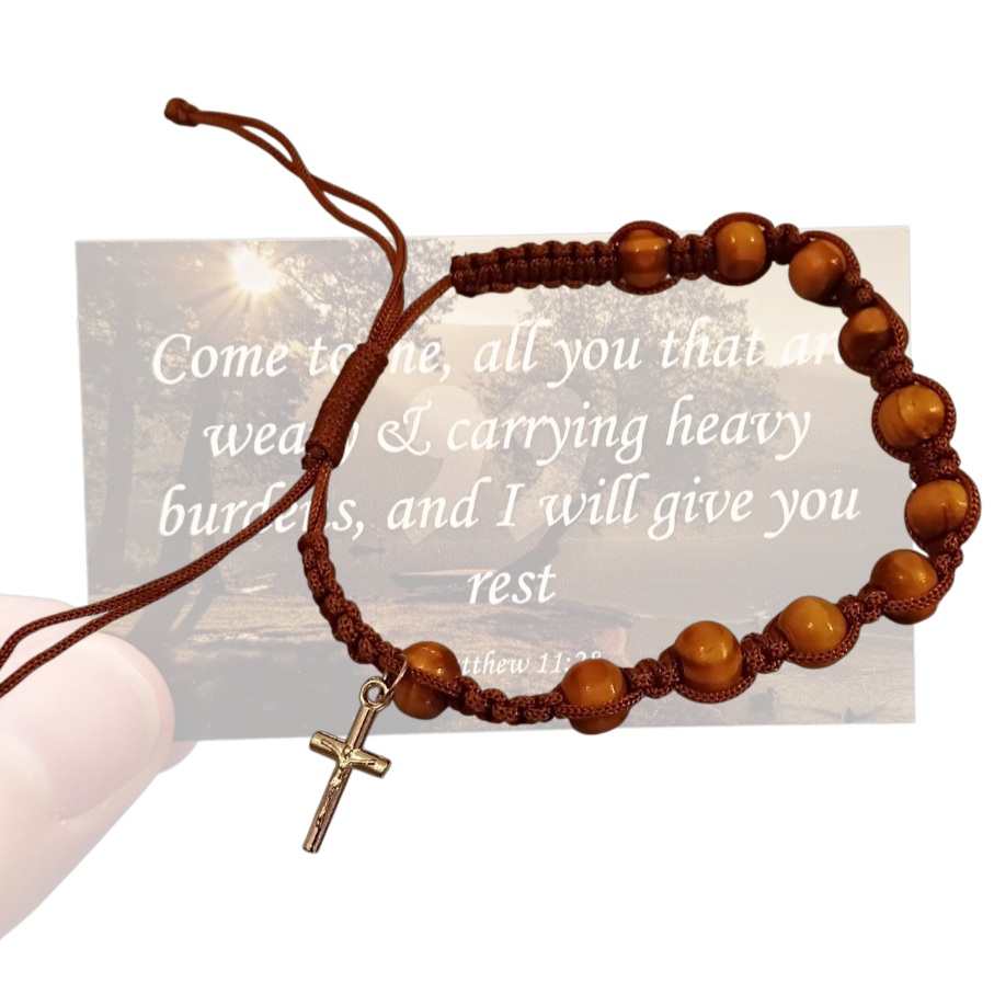 Brown Wooden Rosary Bracelet with Prayer Card