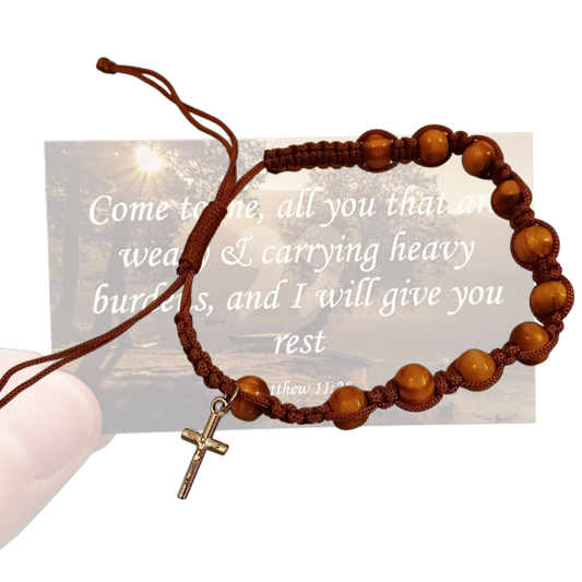 Brown Wooden Rosary Bracelet with Prayer Card