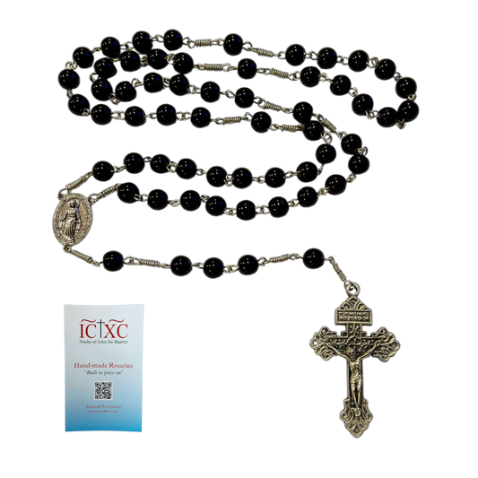 SJB Handmade Rosary - Black Glass Silver