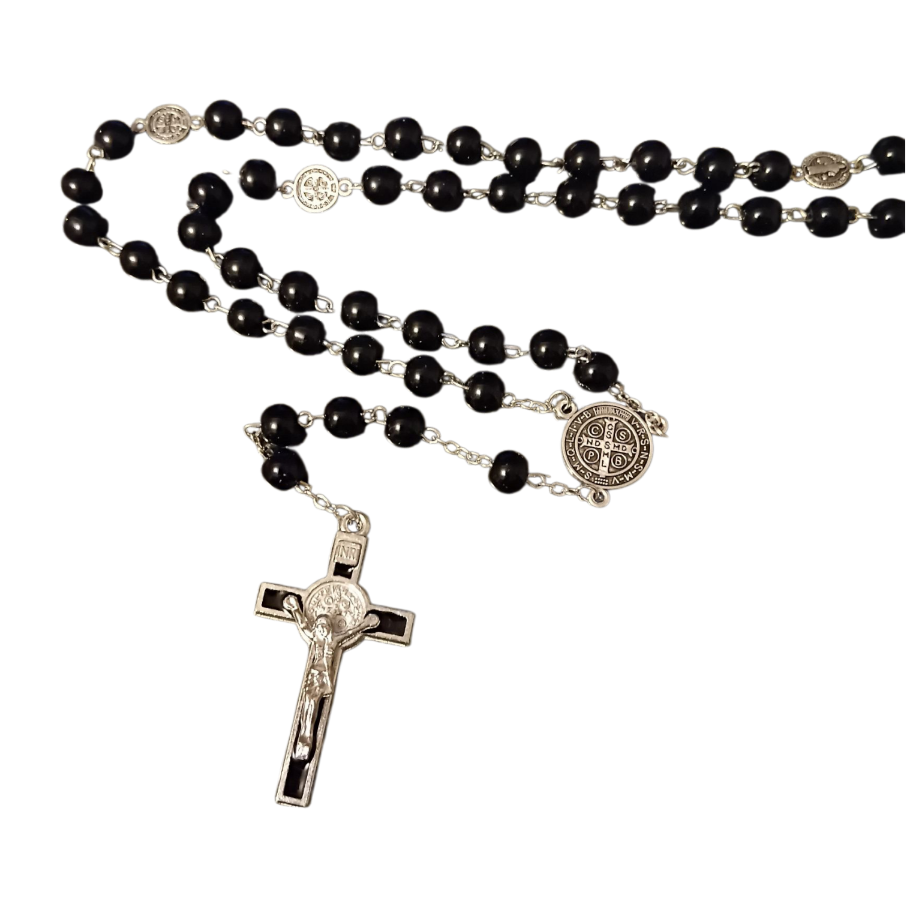 Rosary: St Benedict Black Glass Silver Plated