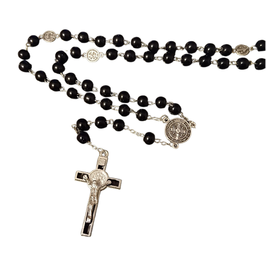 Rosary: St Benedict Black Glass Silver Plated
