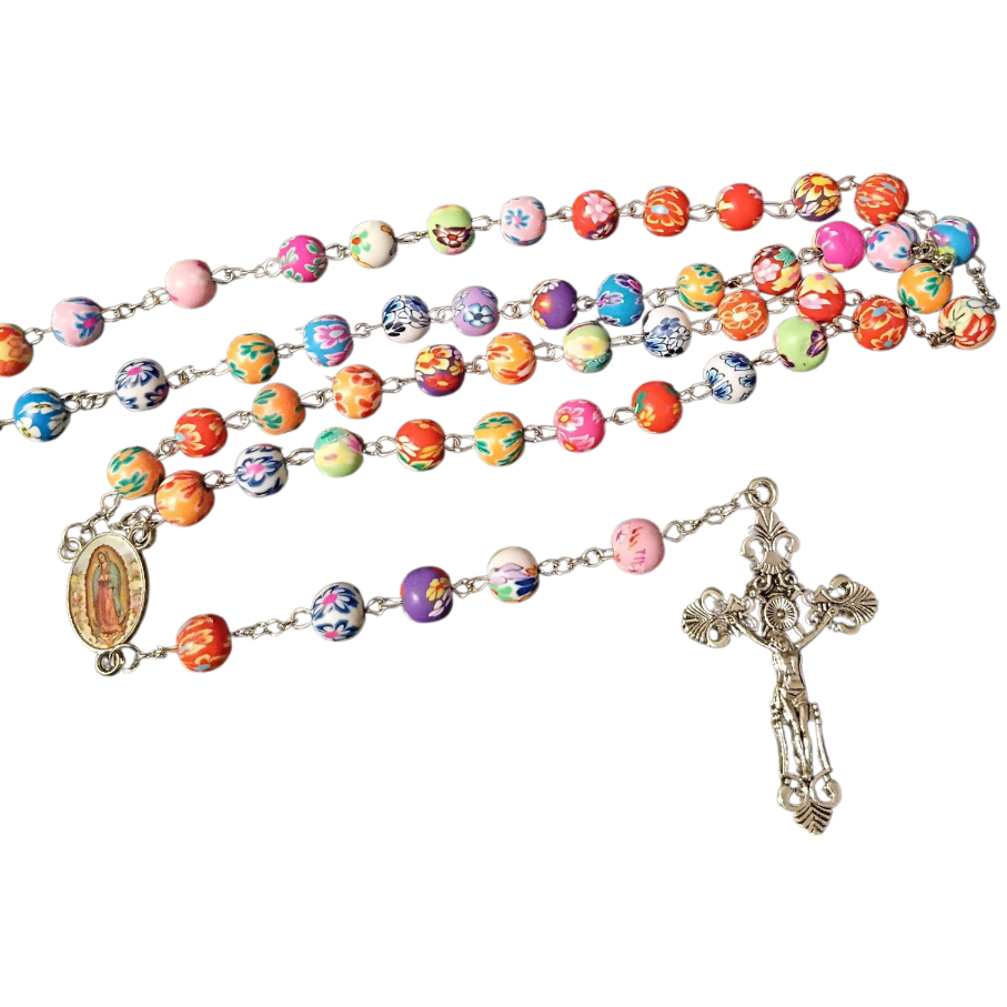 Rosary: Polymer Clay Multi-coloured floral beads