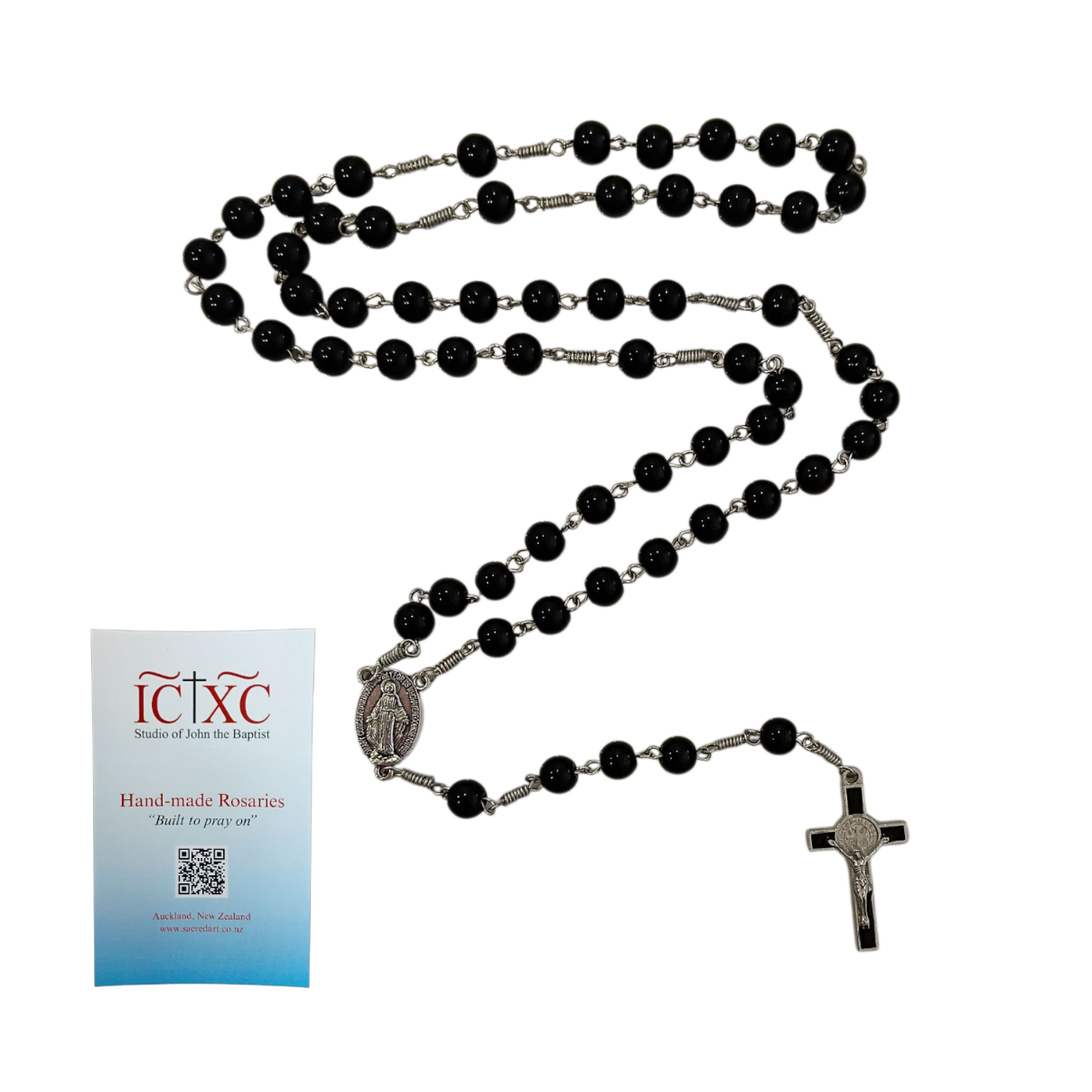 SJB Handmade Rosary - Black Glass St Benedict Crucifix