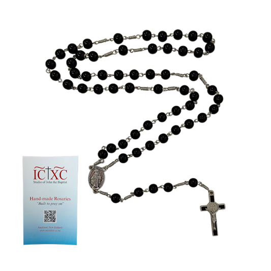 SJB Handmade Rosary - Black Glass St Benedict Crucifix