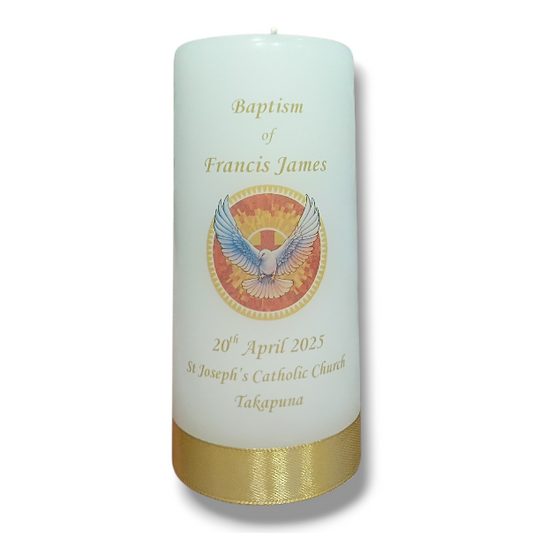 Baptism Candle 14cm: Gold Dove (Circle)