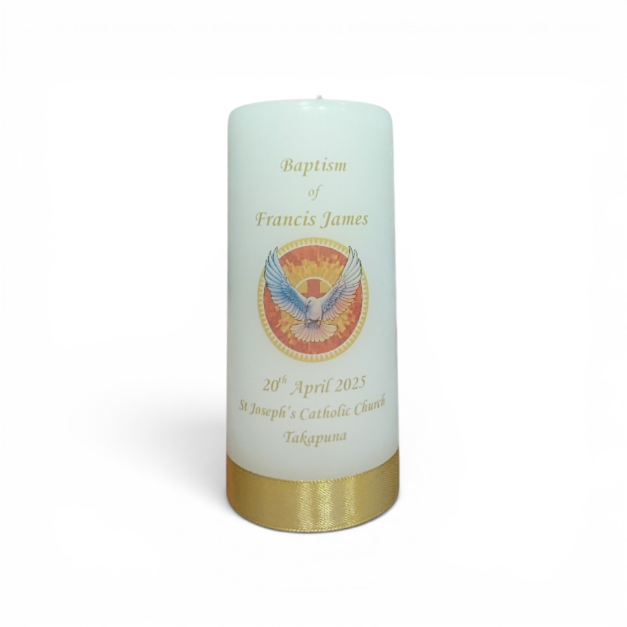 Baptism Candle 14cm: Gold Dove (Circle)