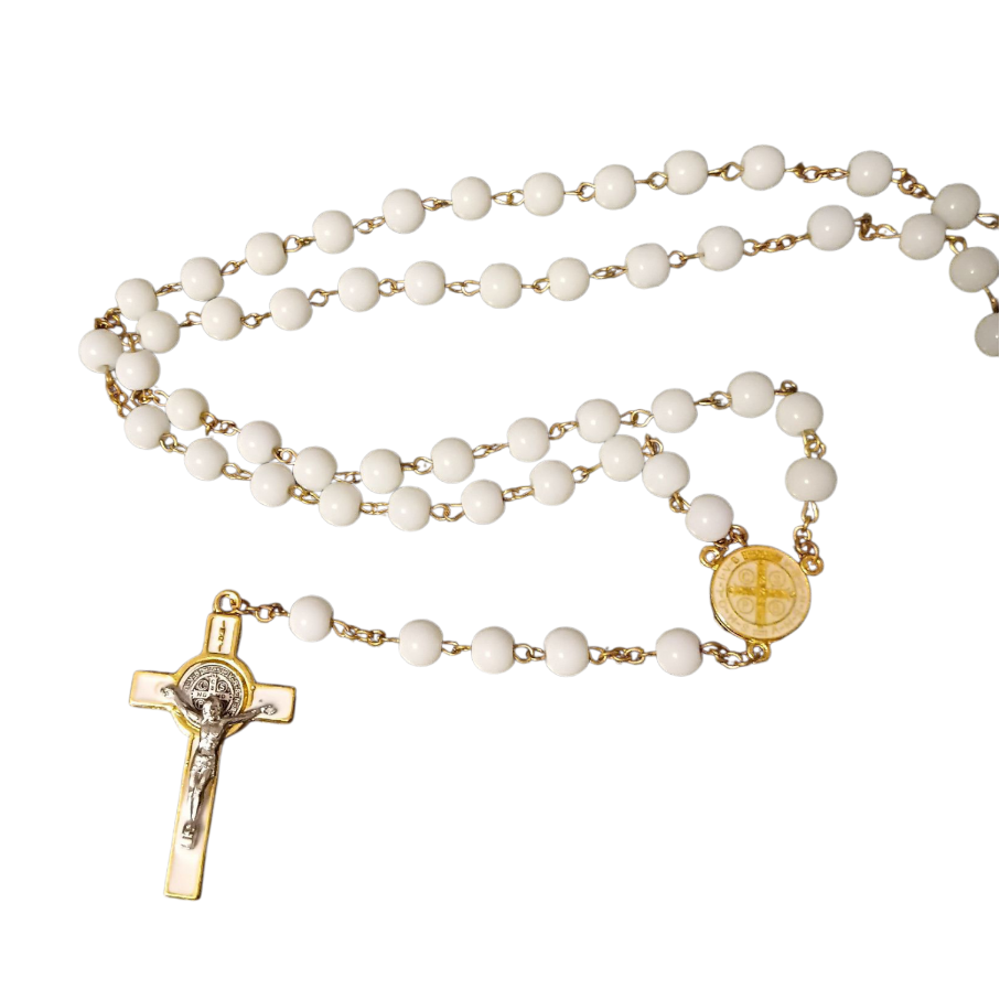Rosary: St Benedict White Glass Gold Plated