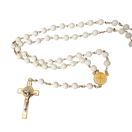 Rosary: St Benedict White Glass Gold Plated