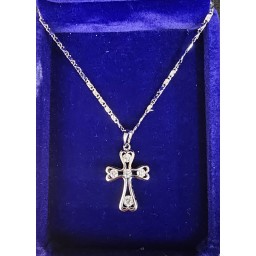 Silver Cross, heart shaped ends inlaid with jewels & chain