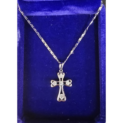 Silver Cross, heart shaped ends inlaid with jewels & chain