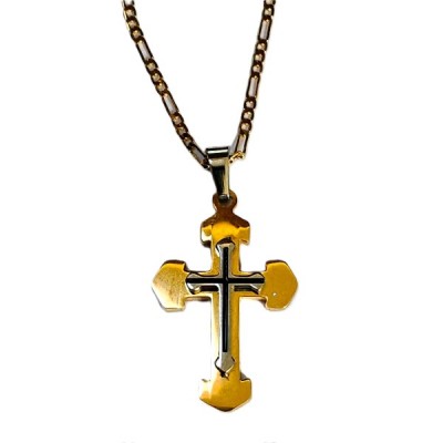 Gold Cross inlaid with silver & black w gold chain