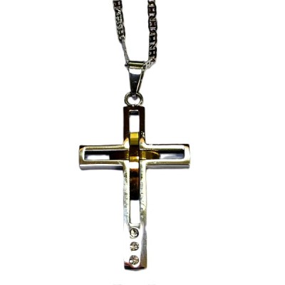 Cross 40mm Silver with gold insert and diamonds & Chain