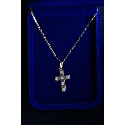 Cross Gold inlaid  with 6 stones and chain