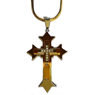 Silver Cross overlaid w Gold & silver cross with stones, ch