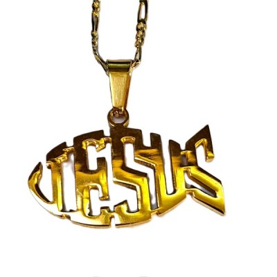 Fish shape, gold JESUS, on chain