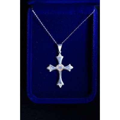 Silver cross, inlaid gold heart & stones  w chain