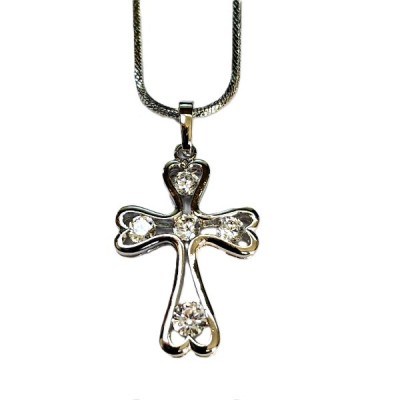 Silver Cross, heart shaped ends inlaid with jewels & chain