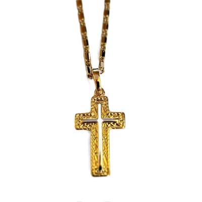 Gold textured Cross with inlaid Cross Gold plated chain
