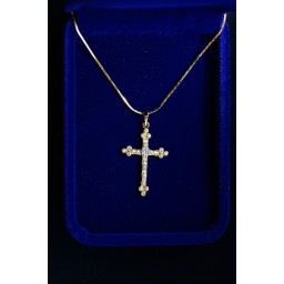 Gold Cross Inlaid with stones & 3 stones on ends & Chain
