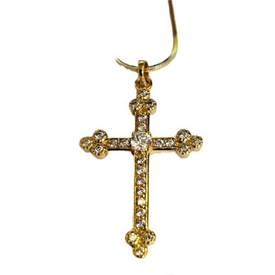 Gold Cross Inlaid with stones & 3 stones on ends & Chain