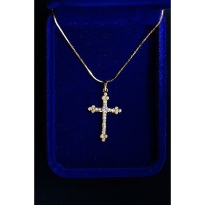 Gold Cross Inlaid with stones & 3 stones on ends & Chain