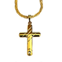 Gold Cross, diagonal lines,stone bottom end & Chain