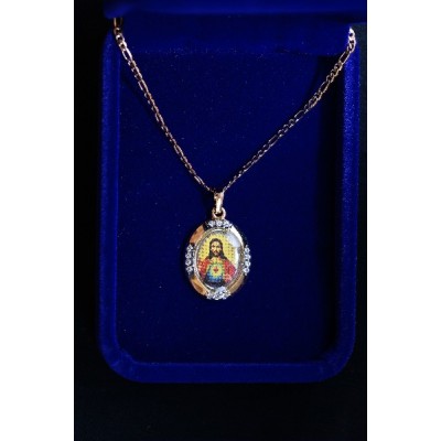 Gold Sacred Heart medal, inlaid stones and Chain