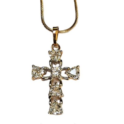 Gold open Cross, inlaid triangle stones and chain