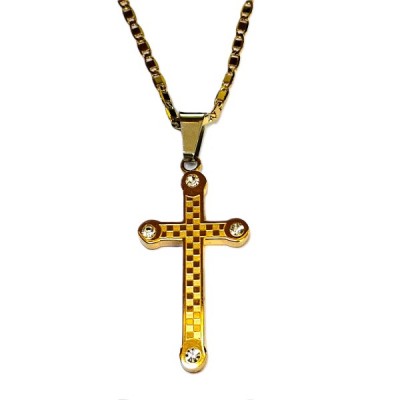 Gold Cross with chequered pattern stones on corners Gold pla