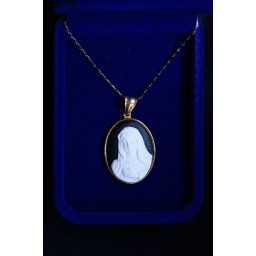 Cameo Our Lady white image on black Gold frame & Chain